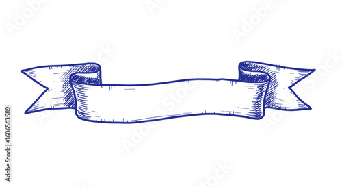 Blue ballpoint pen doodle blank banner ribbon, hand-drawn sketch isolated on white for design projects

