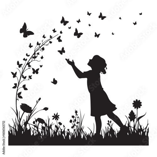 Young girl in silhouette reaching up to a cloud of butterflies in a meadow at sunset