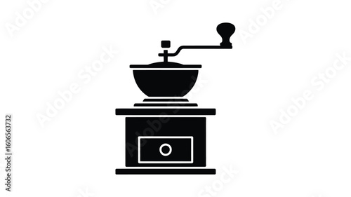 Black silhouette of a manual coffee grinder on white background