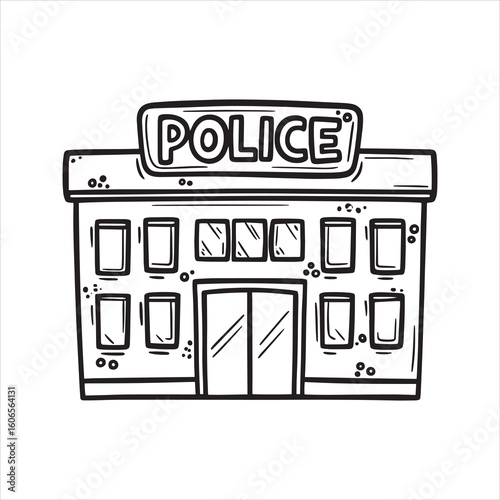Police station cartoon illustration, hand-drawn doodle style. Black and white outline of a law enforcement building, perfect for coloring books or icons.

