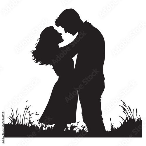 Silhouetted couple embracing with a scenic forest landscape double exposure effect