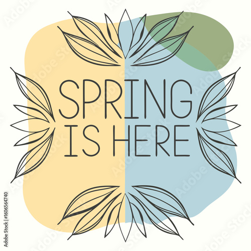 Spring is here quote with leaf and sun
