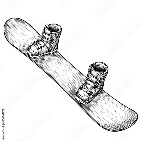 Snowboard with boots in sketch style on white background  