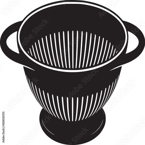 A monochrome image of a colander with two handles and a base on a plain white background in vector art