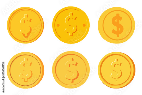 Golden Dollar Coin Icon Set Financial Business Success Investment Growth Money Symbol Payment Transaction Banking Economy Wealth Vector Illustration Graphic Element