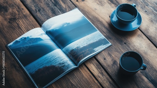 A dark blue, landscape photography book lies open on a rustic wooden table, accompanied by two matching dark blue coffee cups and saucers.  The image has a moody, serene atmosphere