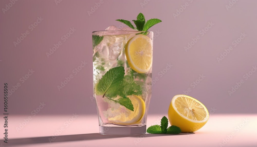 Fototapeta premium Refreshing chilled lemon water with mint and ice for summer beverage concepts with copy space
