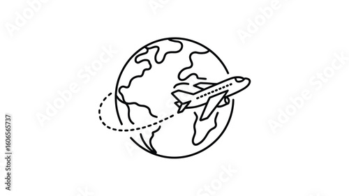 Airplane flying around the world travel and tourism concept line art