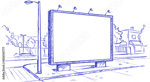 Blue ballpoint pen doodle empty street billboard, hand-drawn sketch isolated on white for design projects

