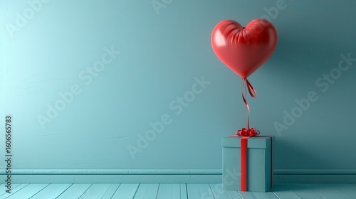 Red heart balloon tied to blue gift box against a blue wall