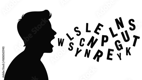 Silhouette of person speaking with letters coming out of mouth