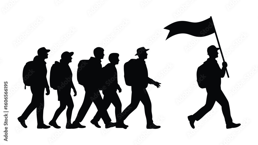 Obraz premium Silhouette of hikers with backpacks following a leader with banner