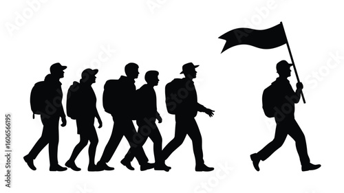 Silhouette of hikers with backpacks following a leader with banner