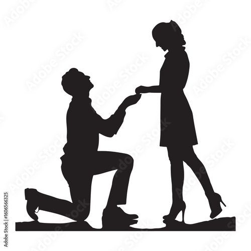 Silhouette of a man proposing marriage to a woman on one knee with a ring