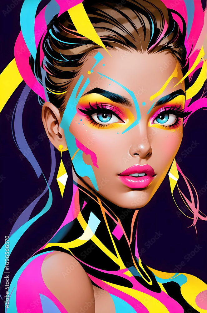 Fototapeta premium a woman with vivid, neon-colored face paint and dynamic abstract lines, showcasing striking blue eyes and a bold, artistic style
