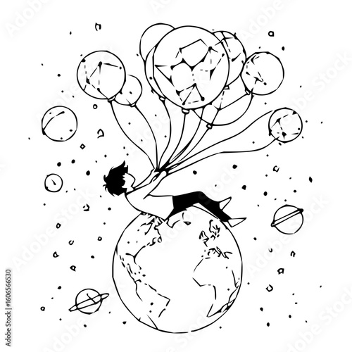 A person sitting on earth holding constellation balloons surrounded by planets and stars in black and white