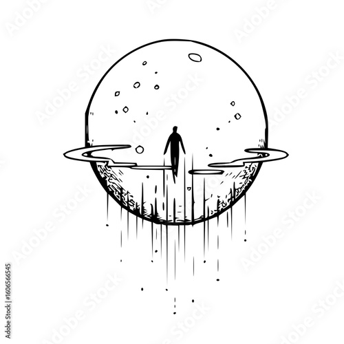 Silhouette of a person standing on a platform with vertical lines under a moon with craters design
