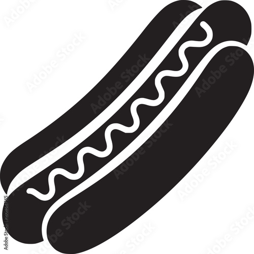 A monochrome depiction of a hotdog with mustard in a bun on a white background in a simple style