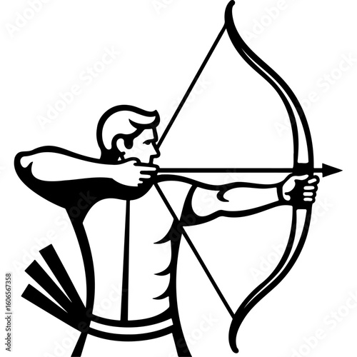 Sketchy emblem of confident sportsman archer pulled the bowstring to shoot at the target. Engraving minimalistic vector in black ink drawing on transparent background