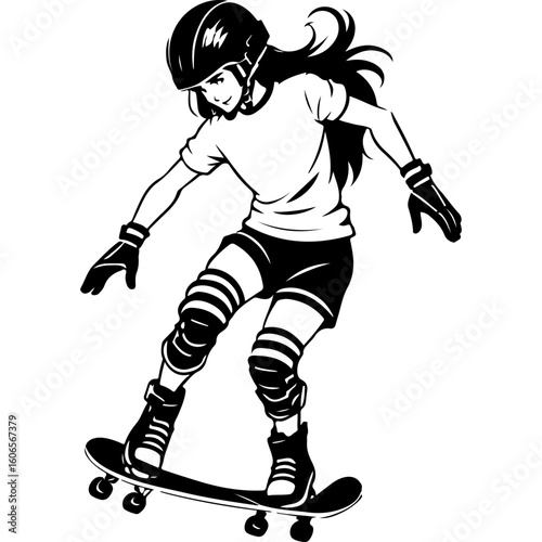 Sketchy sport emblem of experienced skateboarder prepares to perform a trick on her board. Engraving minimalistic vector in black ink drawing on transparent background
