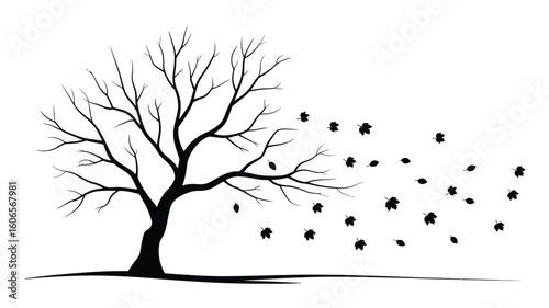 Silhouette of a Tree with Falling Leaves in Autumn Wind