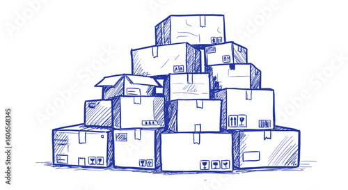 Blue ballpoint pen doodle stacked cardboard boxes for delivery service and warehouse logistics, hand-drawn sketch isolated on white for design projects

