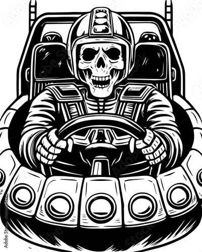 SVG of a cyberpunk skeleton in bold, futuristic tattoo style. Skull Driver in Classic Car Interior with Vintage Vibes Artistic Design