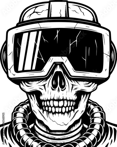 SVG of a cyberpunk skeleton in bold, futuristic tattoo style. Futuristic Skeleton in Space Helmet With Cracked Visor Design