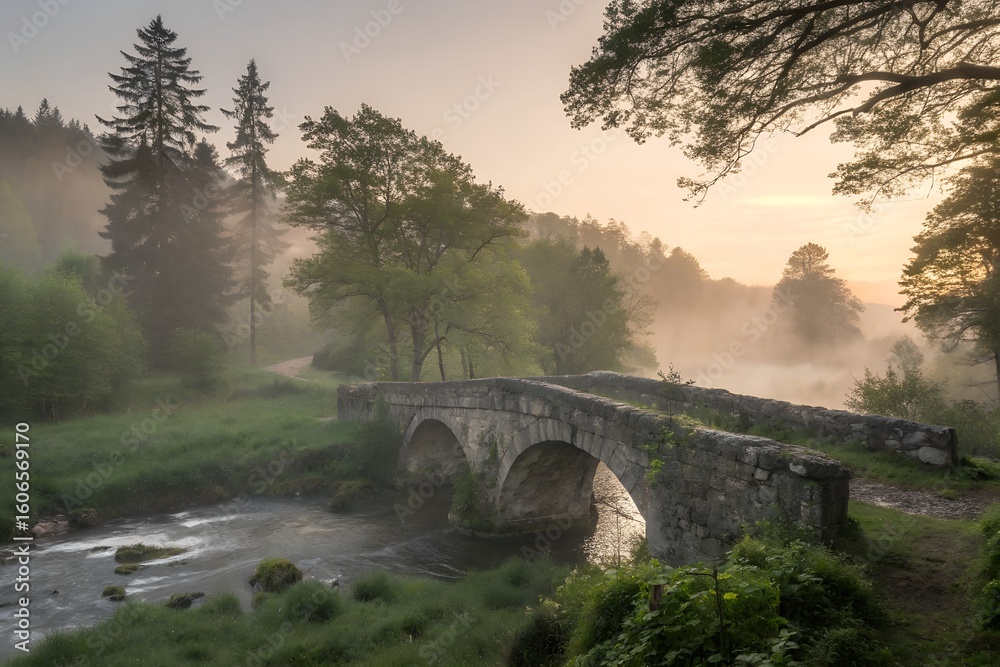 Fototapeta premium Enchanted Stone Bridge Over Misty River at Dawn – Cinematic Forest Landscape