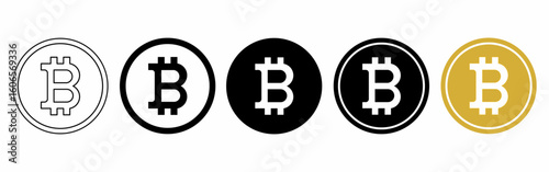 Set of Bitcoin logo icons in five styles: outline, solid black, solid white, inverted black, and golden version. Perfect for crypto apps, finance content, or blockchain platforms.