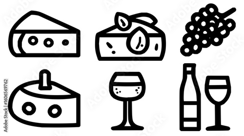 Illustration of cheese varieties with grapes and wine bottle and glasses in black outline style