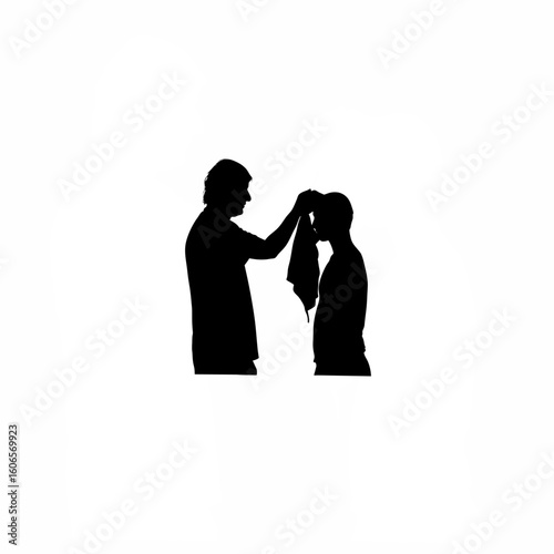 Silhouette of person wiping another’s forehead with cloth on white background