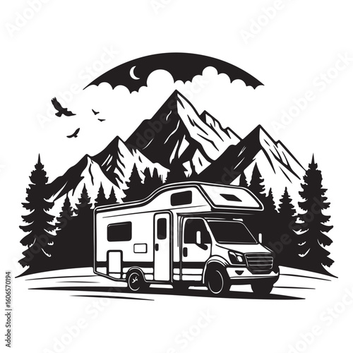 Retro style camper van parked in front of majestic snow capped mountains and pine trees