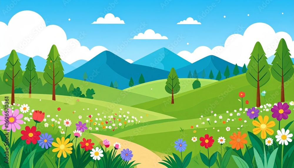 Fototapeta premium Summer mountain landscape with a green meadow and blue sky