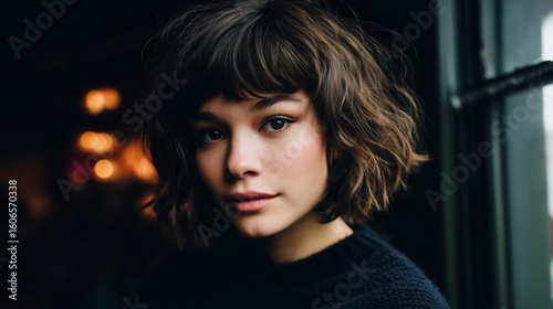 Young Woman With Wavy Brown Hair Looking Confident Near Window