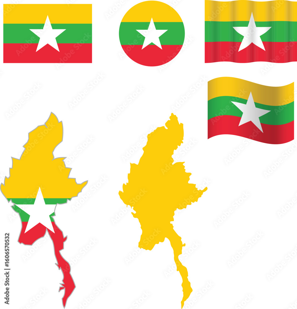 Obraz premium Myanmar flag and map set. Myanmar flag in official colours and proportions. independence day 4 January, map, circle and wavy shaped Myanmar.