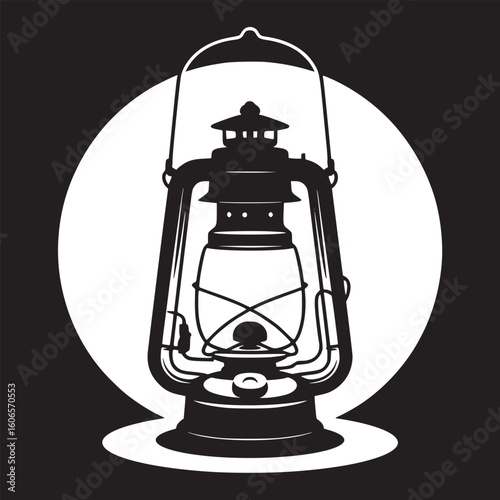 A black and white illustration of a vintage kerosene lantern with a circular background element