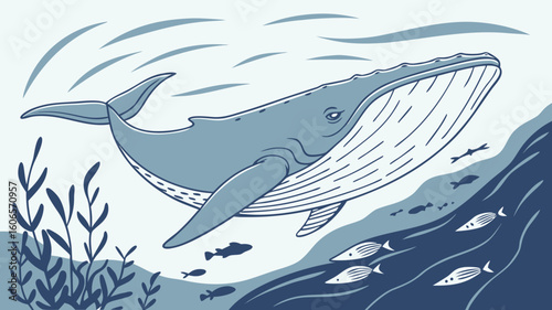 Majestic blue whale glides through ocean waters with fish