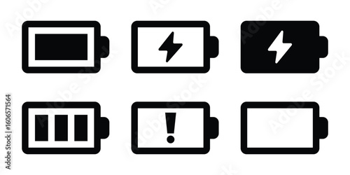 battery status icon pack, including fully charged, low battery, and dead power states. Perfect for apps, UI design, and device dashboards. Available in vector and pixel-perfect formats.