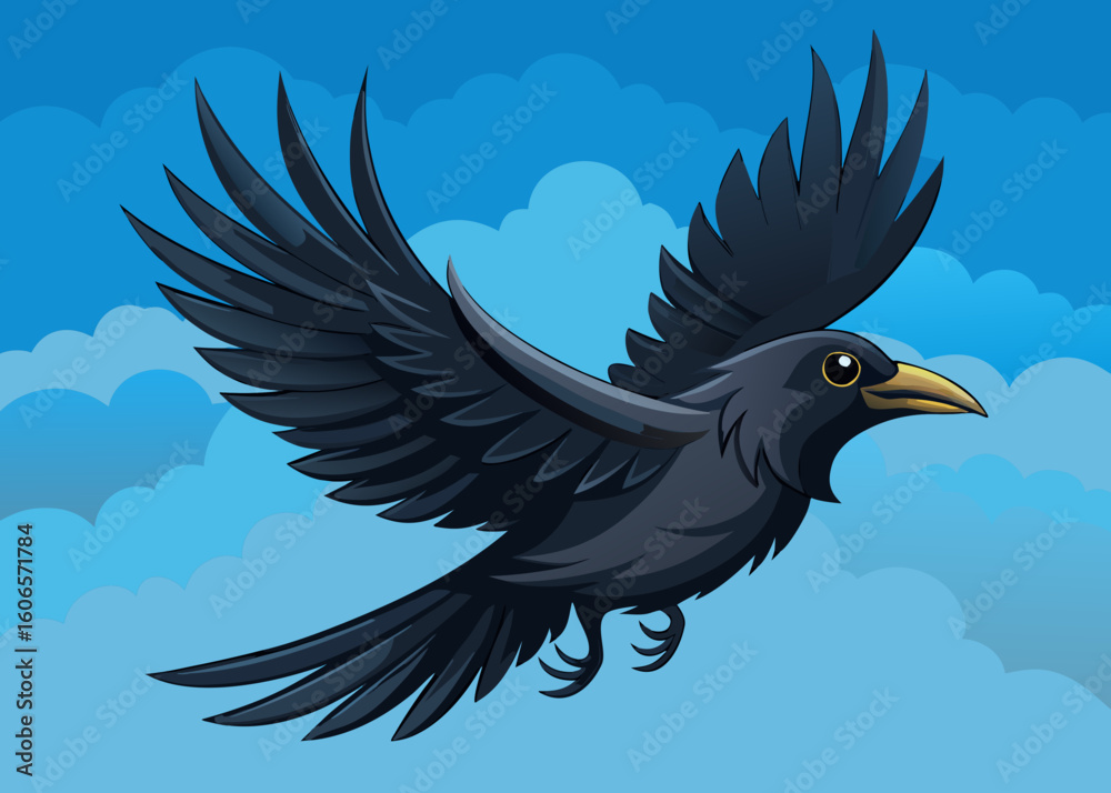 Fototapeta premium A stylized black crow with outstretched wings soars through a cloudy blue sky