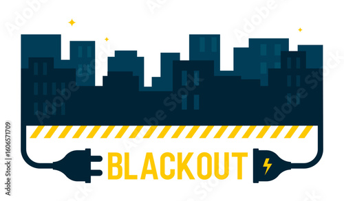 Blackout in City.  Night Power Outage with Unplugged Power Plug & Socket. Dark Night Skyline Vector Template.