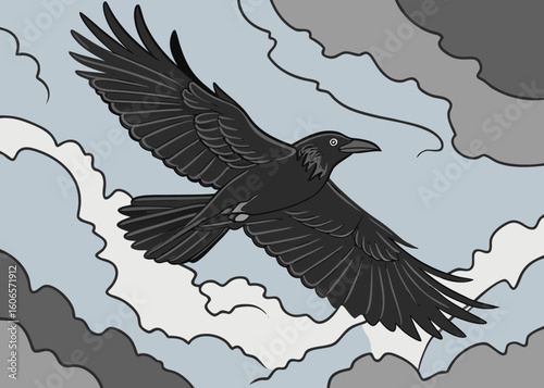A raven soars through a cloudy sky