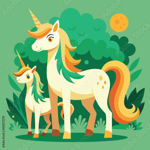 Galloping mustang mare and foal cartoon vector illustration