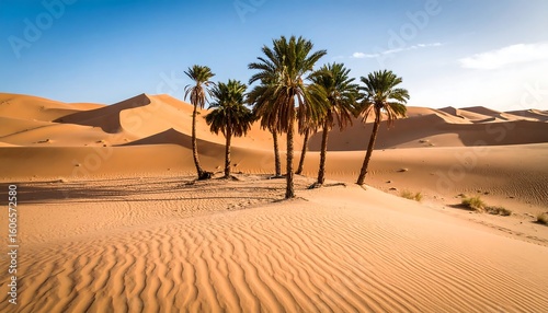 Palm trees in the desert sand dunes.  Sunrise or sunset