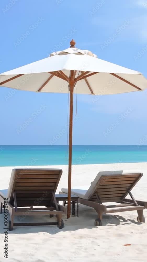 Beach scene with umbrella and chairs Beach scene with umbrella and chairs