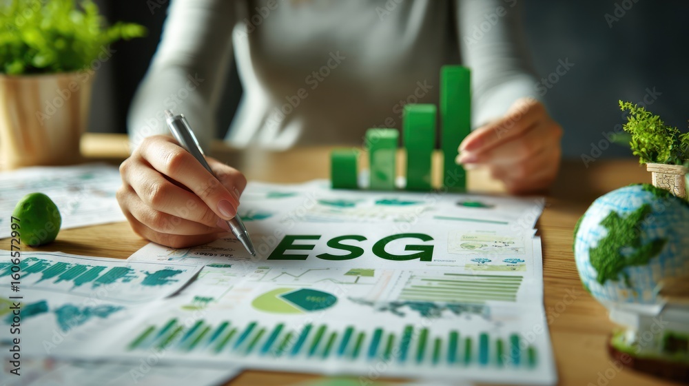 Fototapeta premium ESG Analysis: A person meticulously reviews complex charts and financial data related to Environmental, Social, and Governance (ESG) metrics, highlighting the rising green bar chart