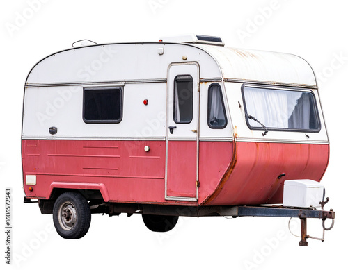 Old rusty travel trailer on white