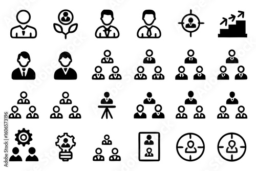 Minimal leadership and management icon set with 40 clean outline vector icons, perfectly aligned in grid layout. No boxes, scalable, ideal for business and UI/UX use.

