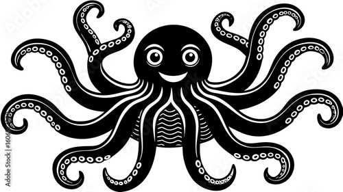 Smiling black octopus with many tentacles and suction cups