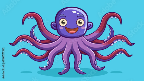 Happy cartoon octopus with purple body and red tentacles